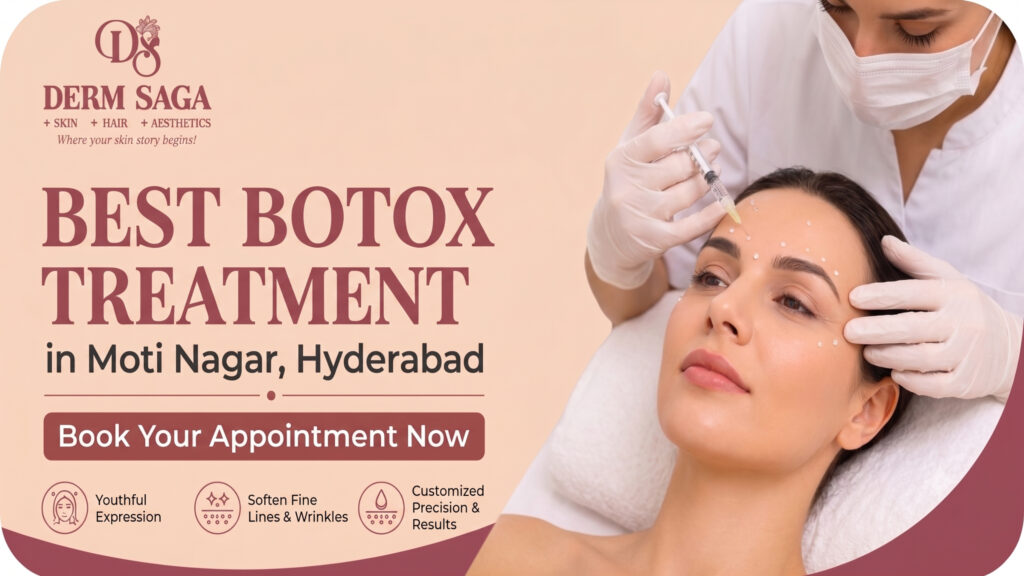 Best Botox treatment in Moti Nagar, Hyderabad by dermatologist at Derm Saga for forehead lines, crow's feet, frown lines, and facial rejuvenation.