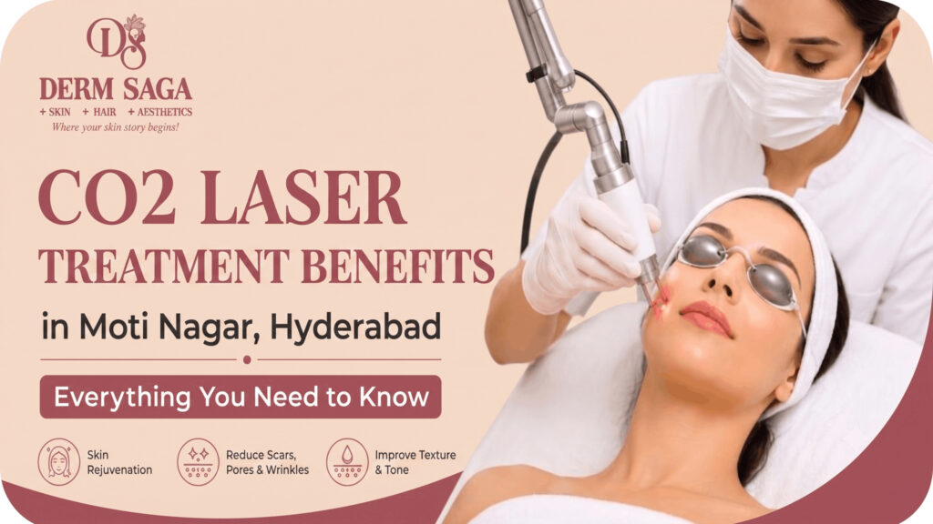 Benefits of CO2 laser treatment for acne scars, pigmentation, wrinkles, and skin rejuvenation at Derm Saga Skin & Hair Clinic in Moti Nagar, Hyderabad.